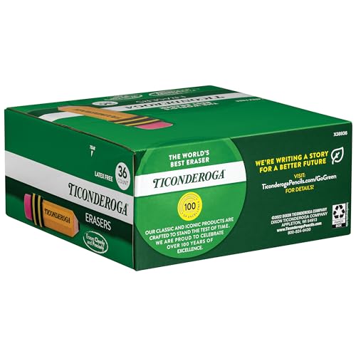 TICONDEROGA Erasers, Pencil Shaped, Yellow, 36-Pack (38936)