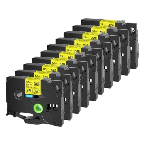 10PK 6-24mm Compatible Flexible ID Label Tape for Printers TZ-FX221 FX631 FX131 TZE-FX231(Black on Yellow)