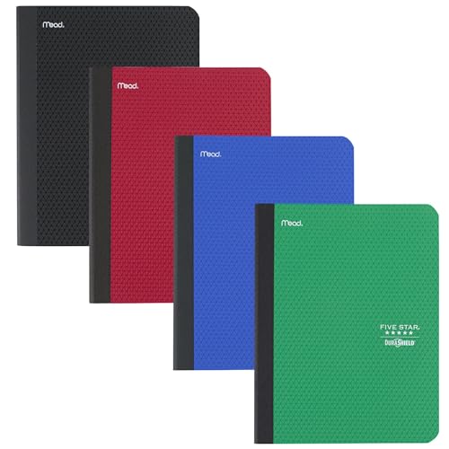 Five Star Composition Books + Study App, 4 Pack, College Ruled Paper, 9-3/4" x 7-1/2", 80 Sheets, Anti-Microbial, Black, Red, Green and Blue (850070A-ECM)