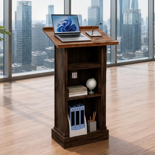 Zevemomo Wooden Podium Stand with Storage, Cup Holder, Brown