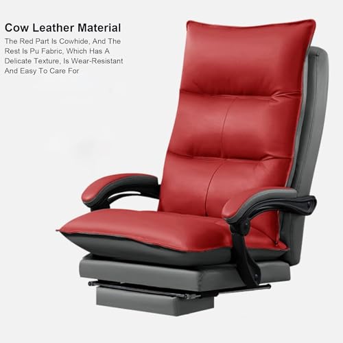 XMFBSY Genuine Leather Office Chair w/Retractable Footrest Ergonomic Fully Reclining Executive Computer Chair Comfort High-Back Swivel Boss Task Chair, Khaki