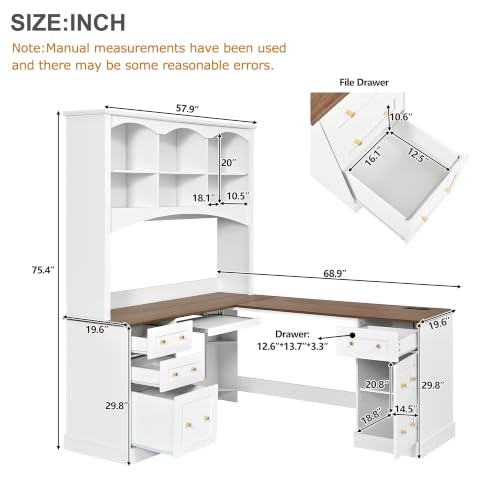 roomfitters L Shaped Computer Desk with Arched Hutch, Farmhouse Corner Writing Workstation Dual Charging Station, White