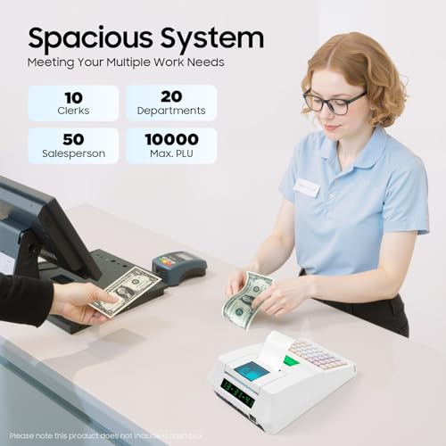 Electronic Cash Register, 40 Keys 40W Cash Register for Small Businesses with with 70mm/s Printing Speed Cash Management System for Restaurant Supermarket Retail 8-Digits LED Display White
