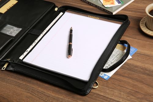 GZRHKJ Genuine Leather Padfolio Organizer，Professional Business Leather Briefcase with Strap，14×10.5 inch Customized Leather Padfolio with Handle-Black