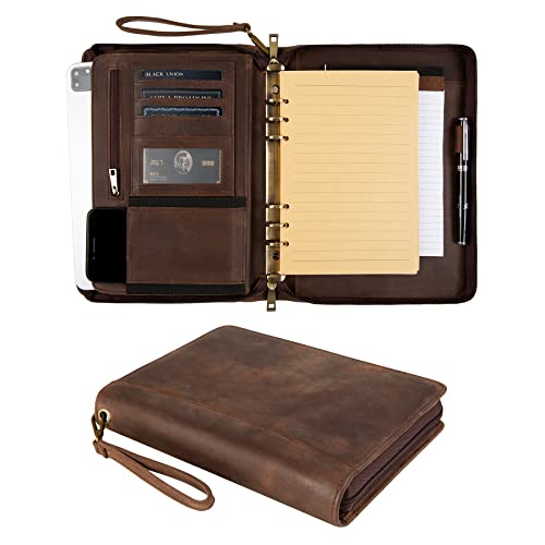 GZRHKJ A5 Genuine Leather Portfolio, 6 Ring Binder Notebook Portfolio, Refillable Planner with Binder Pockets (Standard,Dark Khaki)
