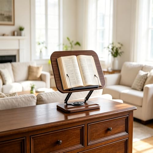 Siyoriot Book Stand for Desk, 360° Rotating Cookbook Holder for Hands-Free Reading Recipe Book Holder with Page Clips, Adjustable Height for Textbooks, Comics, Sheet Music