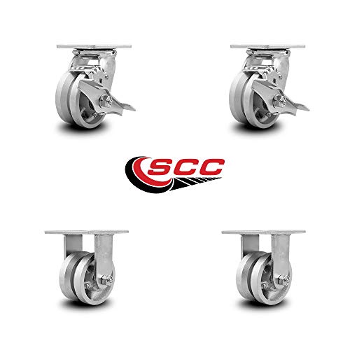 Heavy Duty Swivel Caster Set of 4 with 4 Inch V-Groove Semi Steel Cast Iron Wheels and Bronze Bearings - Includes 2 Swivel with Brakes and 2 Rigid - 3,200 lbs. Total Capacity - Service Caster Brand