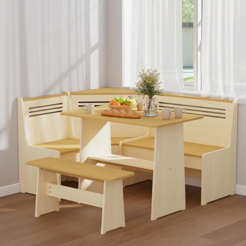 KYLE & KAY Breakfast Nook, Kitchen Nook Corner Table Set with USB, Bench and Storage Shelf, Dining Room Table and Chairs for 4-6, Solid Wood (White and Natural)
