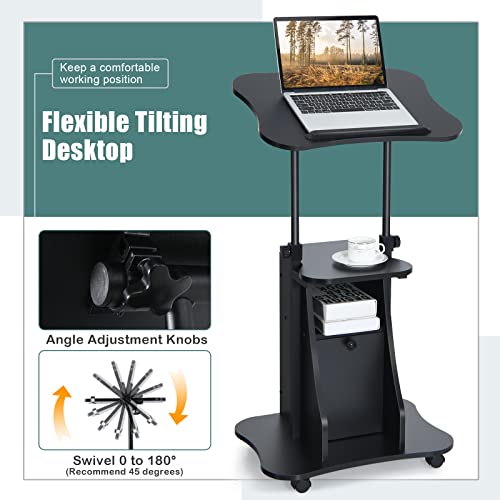 COSTWAY Mobile Lectern Podium Stand, Rolling Laptop Cart w/ 180° Tilting Tabletop, Storage Compartments & Lockable Casters, Sit-to-Stand Computer Workstation for Home, Office, School (Black, Set of 1)