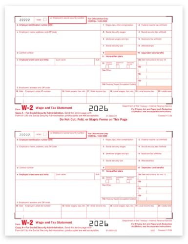 W2 Forms 2026 Tax Forms, 6 Part Laser Income Set and W-3 Transmittal - Pack for 50 Employees, Legal W2 Forms Pack Great for QuickBooks and Accounting Software