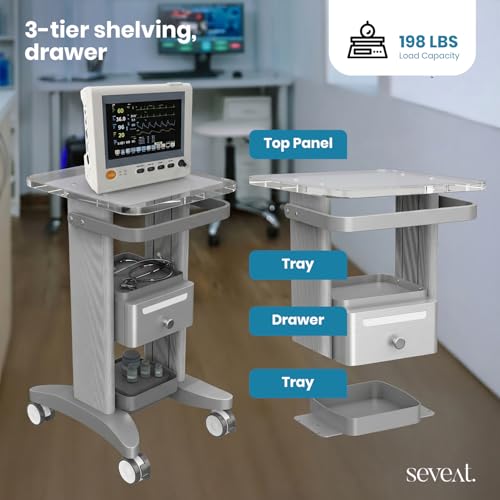 Seveat Professional Medical Cart | 3-Tier Rolling Trolley with Drawers | 198 lbs Capacity | Portable Utility Cart for Hospitals, Clinics, Spa, Office, or Home (Silver)