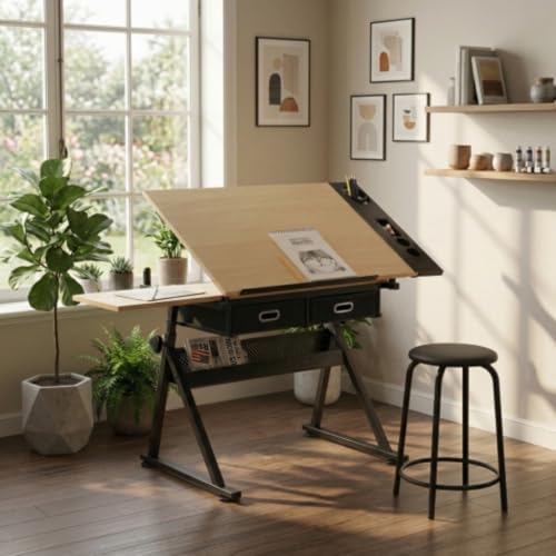 Daklpiw Height Adjustable Drafting Table Drawing Table Artist Desk Tilting Tabletop Art Craft Desk Watercolor Paintings Sketching Work Station w/2 Storage Drawers and Stool for Home Office (White)