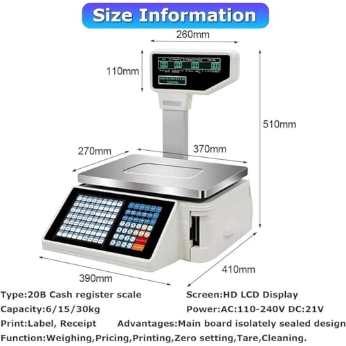 Memykoy Digital Price Label Printing Scale,Electronic Barcode Weighing Scale Cash Register with Receipt Printer,63 Shortcut Keys Commercial Scale,Double-Sided LCD Display, for Shop Machine+Scanner
