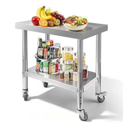 Srehloe Stainless Steel Work Table with 4 Wheels 30 x 18 x 34 Inch Adjustable Metal Commercial Prep Workstation 2-Tier Heavy Duty Mobile Work Station Suitable for Kitchen Restaurant Hotel Garage