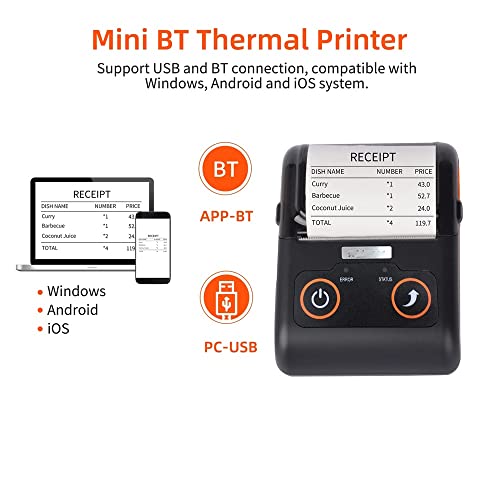 UIOLCFF Portable Receipt Printer 58MM Thermal Mobile POS BT Connection Compatible with Windows Android iOS