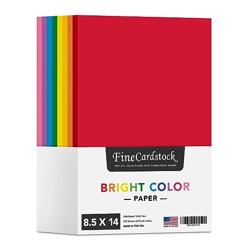 Assorted Bright Colored Paper – Perfect for Arts and Crafts, Invitations, Flyers, Posters, Menus, Decorations | Regular 24lb Bond (90gsm) | 8.5" x 14" | 25 Each Color (200 Sheets Total)