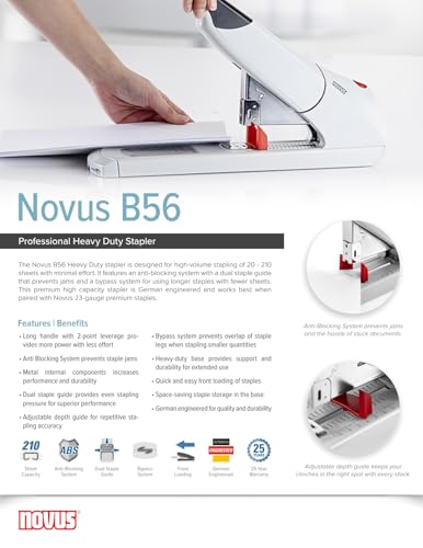 Novus B56 Heavy Duty Stapler, 200 Sheet Capacity, Anti-Jam, 3" Stapling Depth w/ Adjustable Guide, Staple Bypass, German Engineered (023-0059)