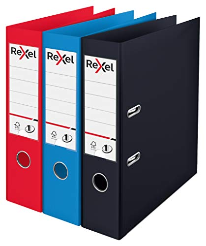 Rexel Assorted Pack of 3 (Red,Black, Blue) A4 Lever Arch Files, 75mm Spine