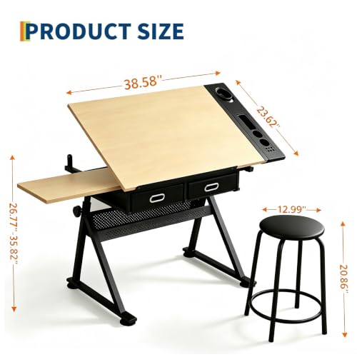 Height Adjustable Drafting Table, 0-75° Tilting Drawing Table Art Desk