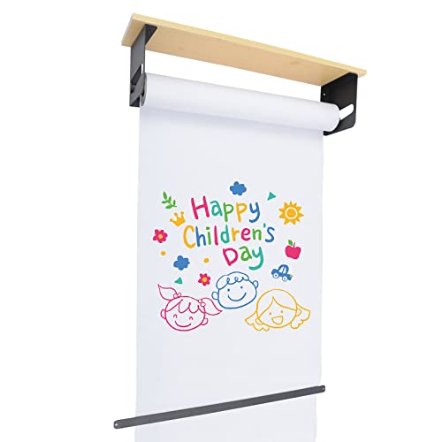Wall Mounted Paper Roll Holder with Cutter, Carbon Steel Density Board Paper Dispenser with Storage Shelf, Drawing Board for Kids Room Office Cafe Restaurant Studio, Space Saving, Black