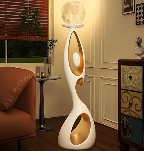 EOQIFJM Modern Nordic Abstract Art Moon Floor Lamp, Standing Sculpture Light, Figurine Light 3-Color Touch Cordless Rechargeable 3D Printed for Living Room Bedroom Tall Corner Lamp(White)