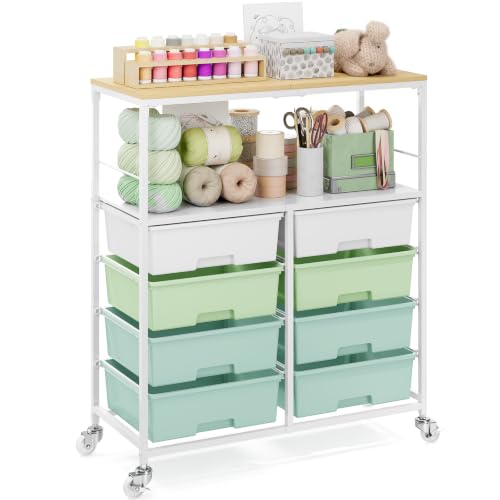 APEXCHASER Rolling Storage Cart with 8 Large Drawers, Wooden Tabletop