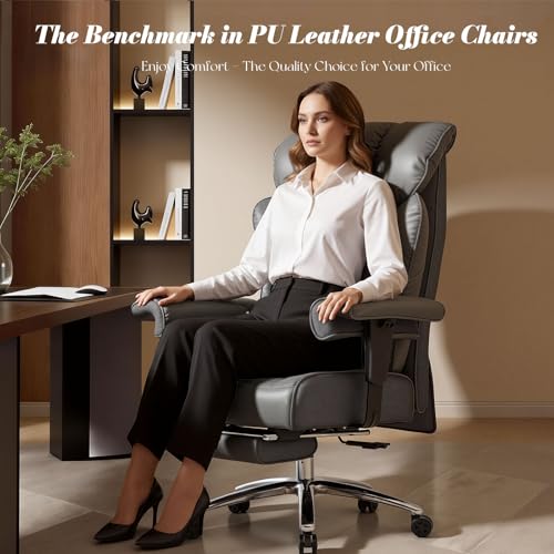 Efomao Big and Tall Executive Office Chair 400lbs, Heavy Duty Computer Chair with 24" Extra Wide 6.1" Spring Cushion, 3" Height Adjustable Armrests, Desk Chair with Footrest, Grey