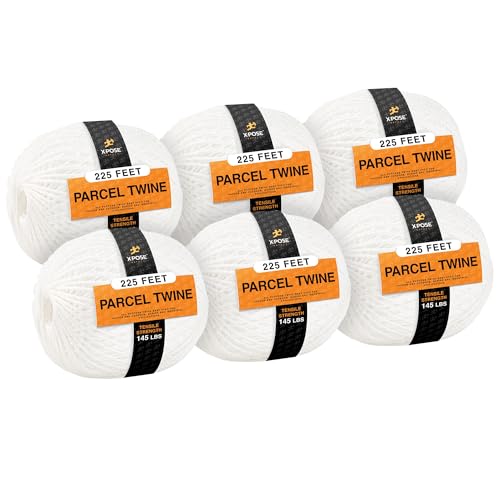 Parcel Twine - Polyester Cord Twine String 225' - Extra Strong Thick White String Spool - Ties Easily and Securely- Packaging Rope, Lacing Cord, Braided Line for Craft Supplies and Packing 6 Pack