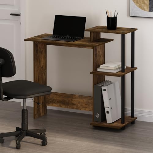 Furinno Efficient 29-Inch Rustic Brown Computer Desk with Side Shelves, Gaming Desk with 3 Open Shelves, Home Office Desk, for Home Office, Study Room, Dorm, Bedroom, Amber Oak