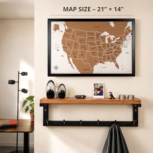 Push Pin USA Travel Map – Medium 21" x 14" United States Cork Board Map with 51 State Flag Push Pins, Metallic & Colored Pins – US Map Pin Board to Track Travels – Gift for Travelers, Couples & Families (MEDIUM)