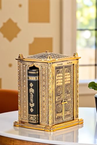 SODEF Gold Book Cover with Quran 6.3 in, Zircon Stone Embellished Decorative Tabletop Object, Classic Polyester Design for Home and Office, Made in Turkey