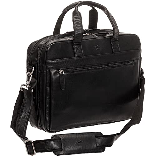 Mancini Buffalo Double Compartment Briefcase for Laptop and Tablet, Black, Black