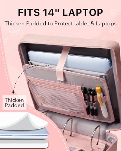Upgraded 3 Rings Zipper Binder Organizer 3 Inch Zippered Binders with Strap Large Zip Up Portfolio Folder Bag with 9 Pockets 13“ 14” Laptop Compartment for Office Travel, Pink