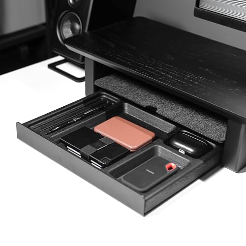 Raico Desk Shelf Tray Drawer Organizer with Compartments for Monitor Stand System Metal & Cork Accessory Tray for Cockpit Setup | Black