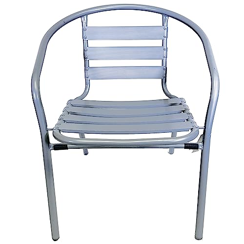 BTEXPERT Gray Indoor Outdoor 23.75" Restaurant Stainless Steel Silver Aluminum + 4 Metal Slat Stack Lightweight, 4 Chairs with a Round Table