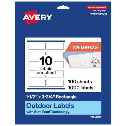 Avery Outdoor Waterproof Rectangle Labels with Sure Feed Technology, 1.5" x 3.75", White Film, Print-to-the-Edge, Compatible with Laser Printers, 1000 Labels Total