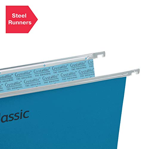 Rexel Foolscap Suspension Files with Tabs and Inserts for Filing Cabinets, 15 mm V Base, 100 Percent Recycled Manilla, Blue, Crystalfile Classic, Pack of 50, 78143