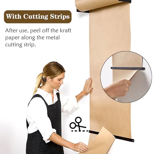 QHZYMX Roller Kraft Paper Roll Display with 50 M Kraft Paper Roll, Butcher Paper Roll Holder, Kraft Paper Dispenser Hanging Paper Roll with Cutter for Kitchen/Cafe/Studios/Parlor(Width 45cm/17.7in)