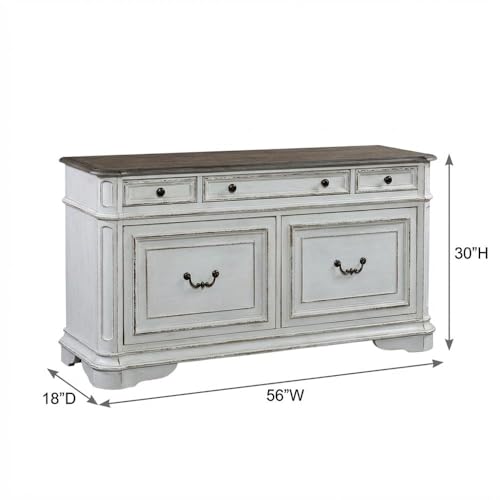 Bison office Antique White Credenza, European Traditional Style, Rubberwood Solids, White Oak and Birch Veneers, Ample Storage, Durable Construction