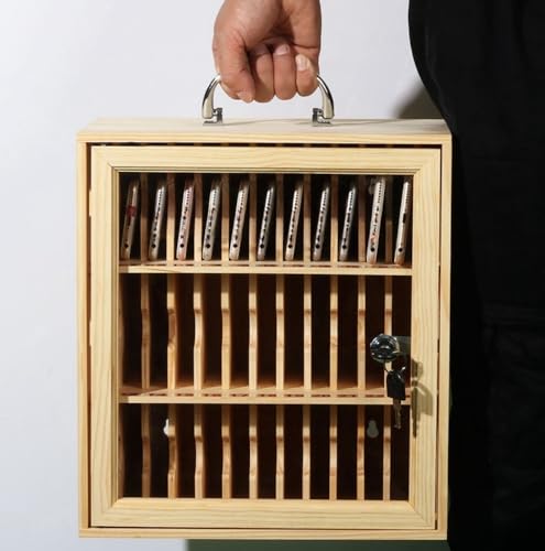 Wooden Slots Cell Phone Storage Box Cell Phone Storage Cabinet with Handle Classroom Pocket Chart with Security Lock Desktop Cell Phone Storage Box for Classroom Office