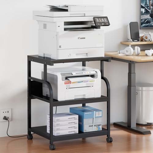VECELO Large Printer Stand with Power Outlet, 3-Tier Rolling Cart with Adjustable Shelf & Lockable Wheels, Heavy Duty Utility Table for Home Office, 18.9"x23.6"x30.2", Black
