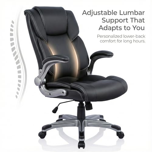Ergonomic Executive Office Chair with Lumbar Support, Flip-Up Arms, Bonded Leather High Back Desk Chair for Home Office & Workstation, Comfortable Computer Chair for Adults Men Women – Black Set of 2