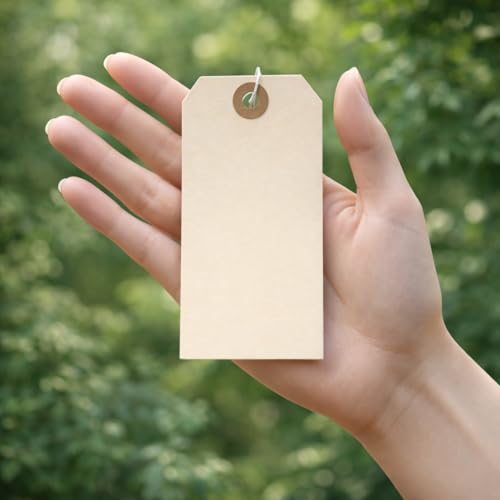 Tags with Elastic String Attached - #5, 4 3/4" x 2 3/8" Box of 200 Manila Paper Label Tags with Elastic Loop and Reinforced Hole