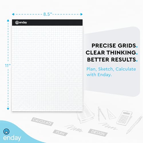 Enday Graph Paper Pad, Pack of 12, White Letter Size, 4x4 Quad Grid Paper, Graph Paper Pads 8.5 x 11 with Easy-Tear Perforations, Grid Paper Notepad for Math, Drawing & Engineering