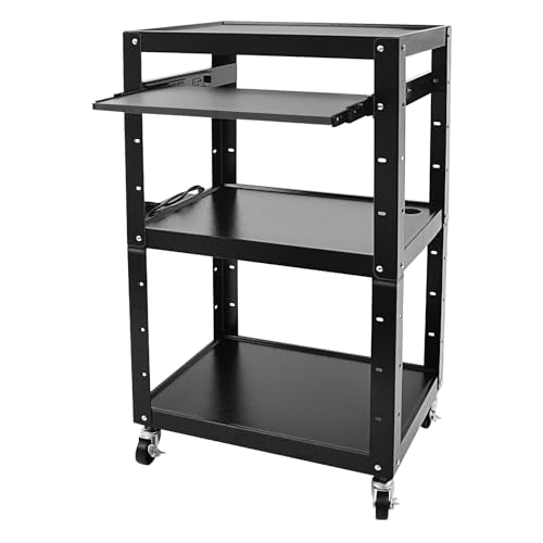 WAZYKJMDXX Space-Saving Rolling AV Cart, 4-Tier Mobile Computer Desk with 360° Locking Casters, Adjustable Shelf Height & Pullout Keyboard Drawer, Universal Media Stand for Classroom Hospital Bedroom
