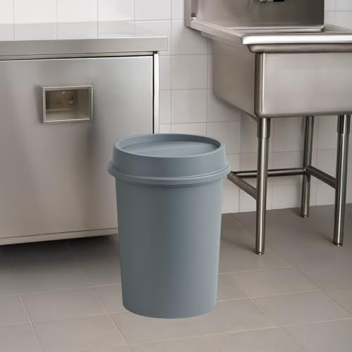 11 Gallon Round Gray Commercial Trash Can with Swing-Top Lid - Hands-Free Polyethylene Wastebasket for Office, School, Facility, and Commercial Use - Dent & Crack Resistant