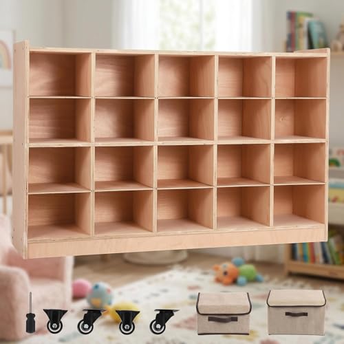 Chic Muse Mobile Storage Cabinet, 20 Cubby Storage Organizer with 4 Casters & 2 Storage Boxes, Heavy-Duty Plywood Daycare Furniture for Preschool & Kids Entryway, 30" Tall