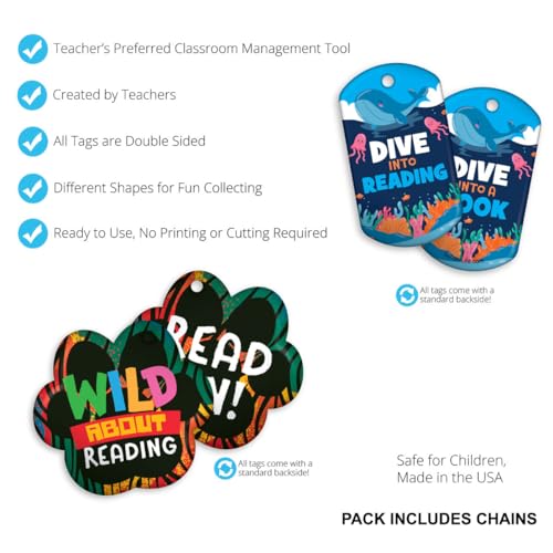 Elementary Student Young Readers Builder Brag Tag Value Pack: 250 Tags (25 Tags for Each Design) + 75 USA-Made, Hypoallergenic, 24" Aluminum Safety Chains