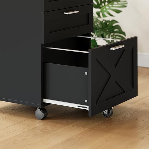 FinerFurnis Secure 3-Drawer Wood File Cabinet with Lock – Mobile Under Desk Filing Cabinet, Sturdy Storage Organizer, Accommodates Letter/Legal/A4, Rolling Printer Stand – Matte Black Linen Finish