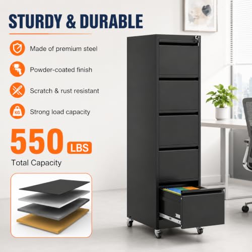 5 Drawer File Cabinet with Wheels ,Metal Mobile Filing Cabinet with Lock